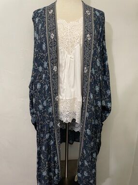 J. Jill Boho Navy Floral Kimono Wrap with Tassels L